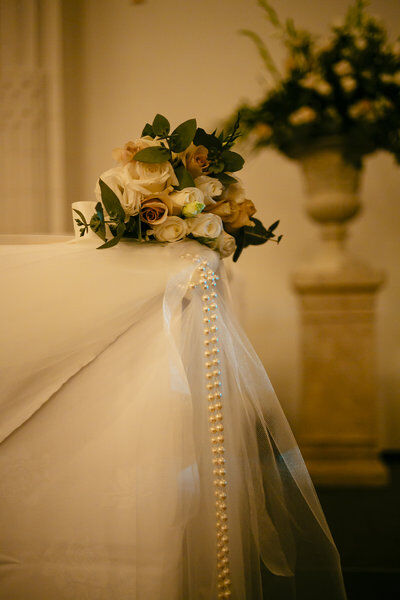 Bouquet placed on corner of table