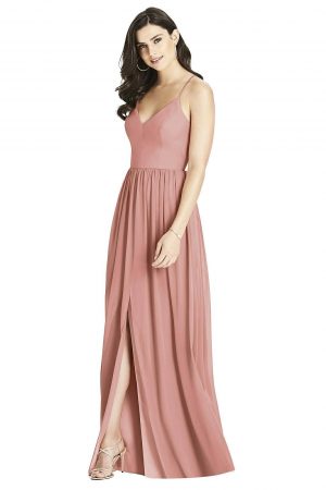 Beautiful gown style 3019 suitable for bridesmaids with soft A-line silhouette, V-neckline and backless with criss-cross spaghetti straps in Desert Rose