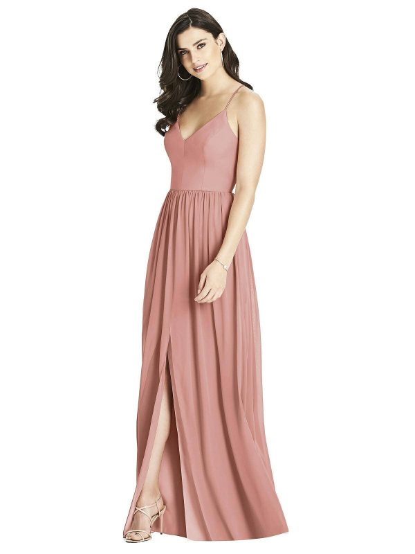 Beautiful gown style 3019 suitable for bridesmaids with soft A-line silhouette, V-neckline and backless with criss-cross spaghetti straps in Desert Rose