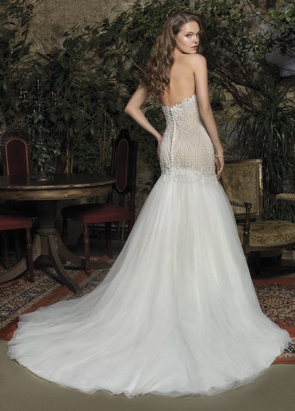 Cosmobella Bridal - Wedding Dress CM7955 back with mermaid silhouette and sweetheart neckline in ivory with cathedral train