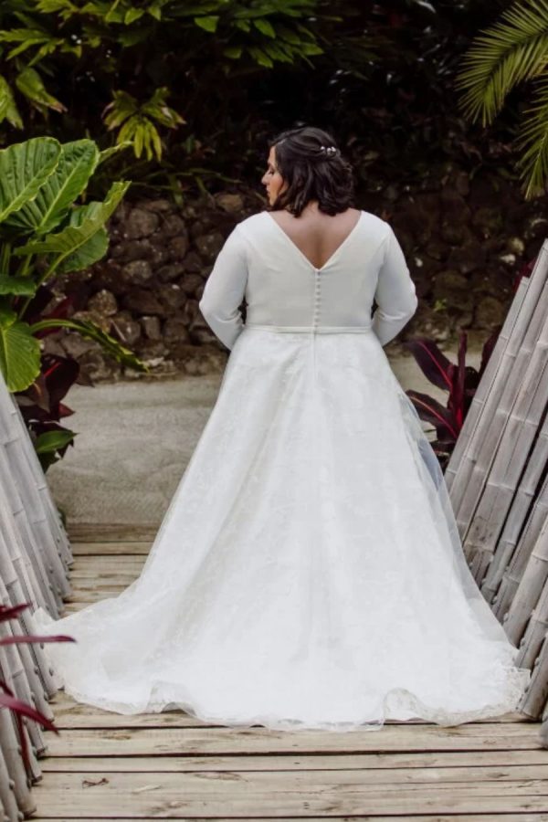 House Collection - Wedding gown Hera - A-line gown with low v-neck, crepe top lace skirt and long sleeves - back view