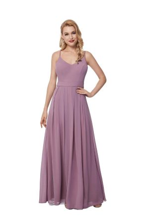 Beautiful gown style CB617 suitable for bridesmaids with soft A-line silhouette, V-neck with low back and crisscross spaghetti straps.