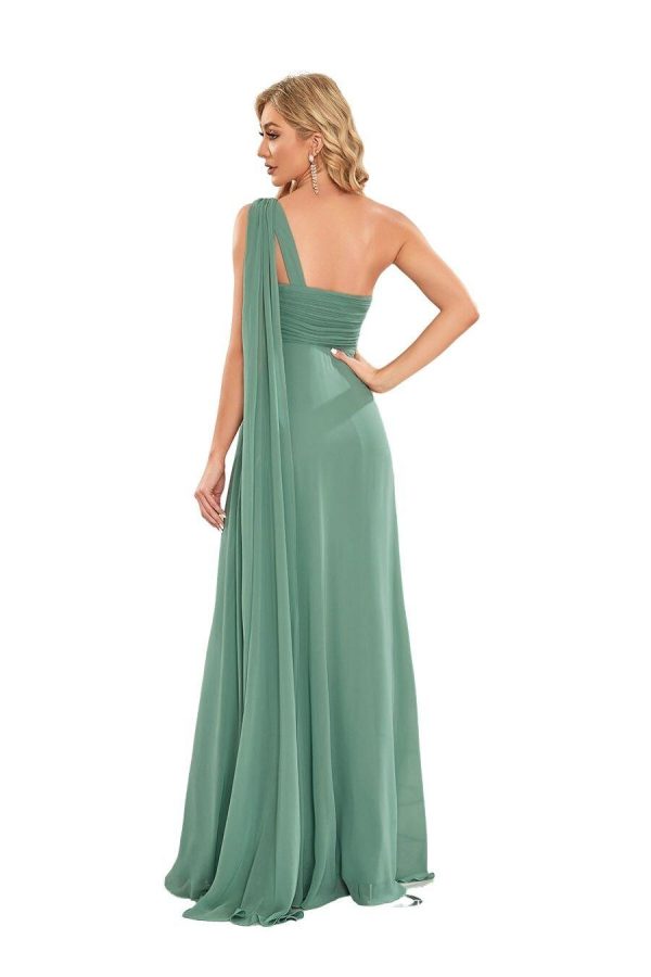 Beautiful gown style EP09816 suitable for bridesmaids with soft A-line skirt, empire waistline, asymmetrical neckline and drape down the back.