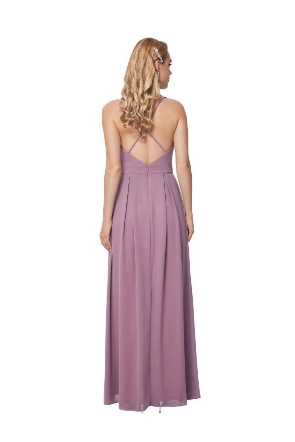 Beautiful gown style CB617 suitable for bridesmaids with soft A-line silhouette, V-neck with low back and crisscross spaghetti straps.