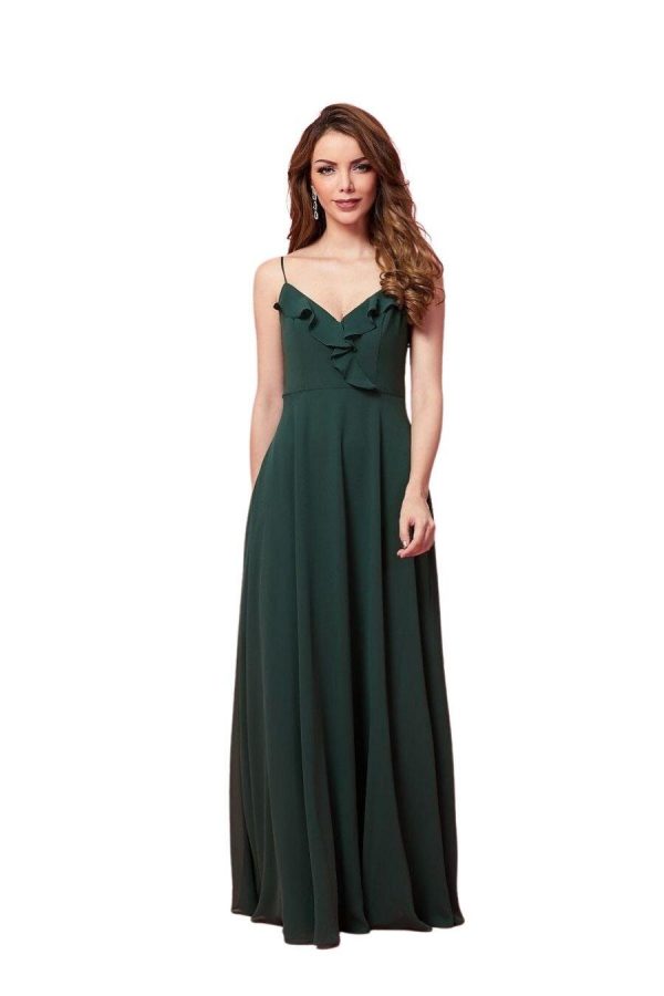 Beautiful gown style MB1440 suitable for bridesmaids with soft A-line silhouette, V-neck with ruffle detail on front and back and spaghetti straps