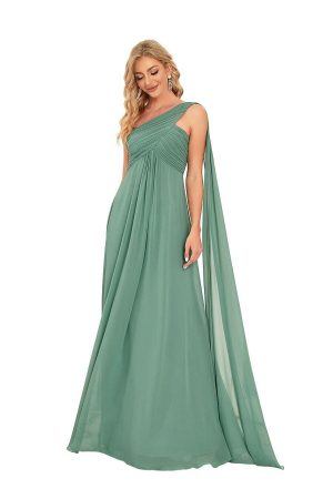 Beautiful gown style EP09816 suitable for bridesmaids with soft A-line skirt, empire waistline, asymmetrical neckline and drape down the back.