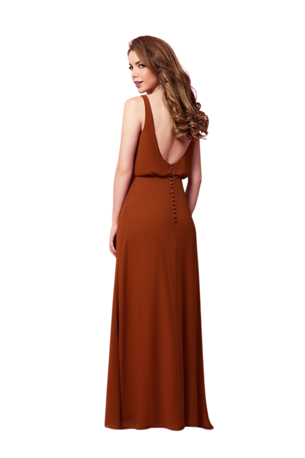 Beautiful gown style CB565 suitable for bridesmaids with soft trumpet silhouette, V-neck with low back and buttons over zip