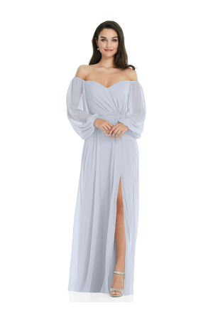 Beautiful gown style 3104 off-the-shoulder puff sleeve maxi dress with front slit suitable for bridesmaids in Silver Dove