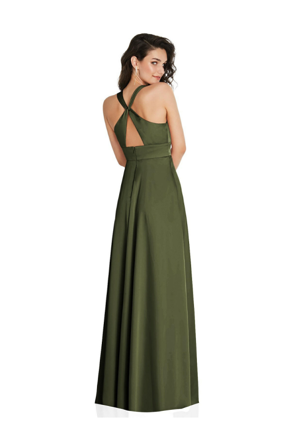 Beautiful gown style 6863 shirred shoulder criss cross back maxi dress with front slit suitable for bridesmaids in Olive