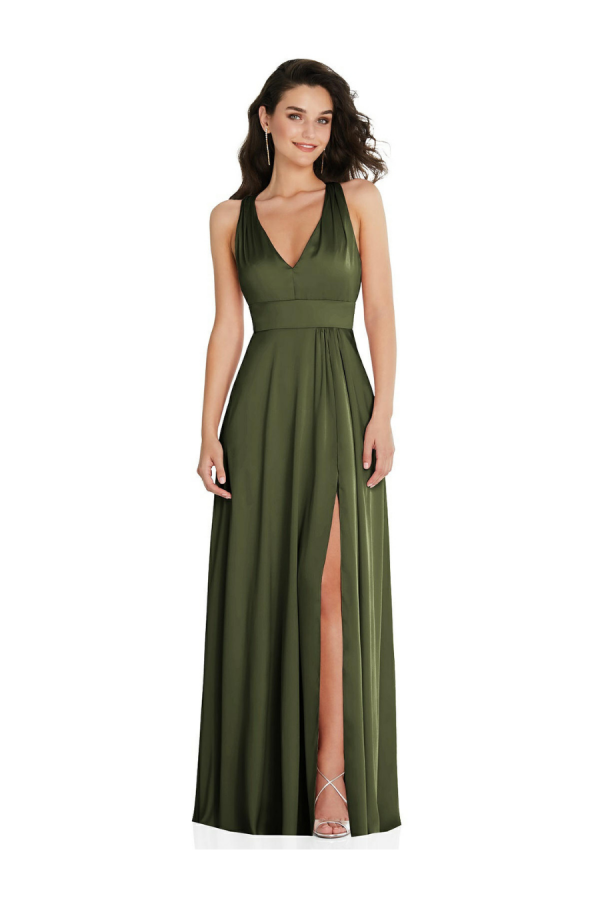 Beautiful gown style 6863 shirred shoulder criss cross back maxi dress with front slit suitable for bridesmaids in Olive