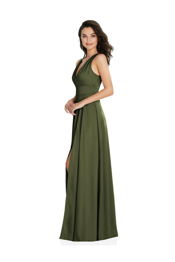 Beautiful gown style 6863 shirred shoulder criss cross back maxi dress with front slit suitable for bridesmaids in Olive