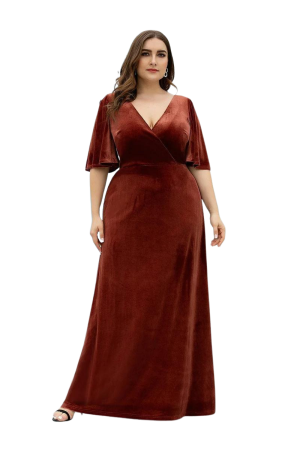 Beautiful gown style EP00861 suitable for bridesmaids and evening wear with A-line silhouette, V-neck with v-back and flutter sleeve.