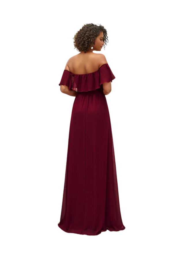 Beautiful gown style EP00968 off shoulder ruffle maxi dress with front slit suitable for bridesmaids in Burgundy