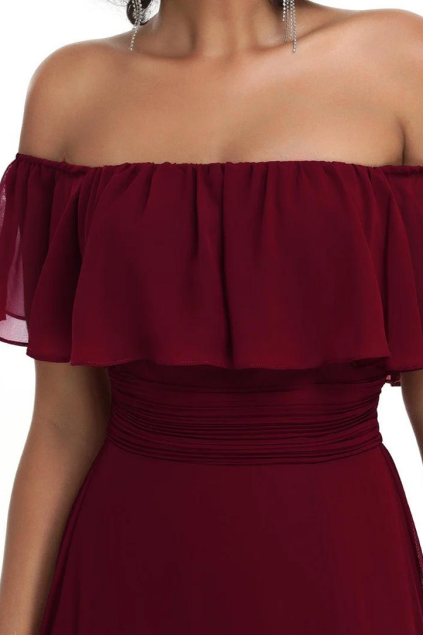 Beautiful gown style EP00968 off shoulder ruffle maxi dress with front slit suitable for bridesmaids in Burgundy