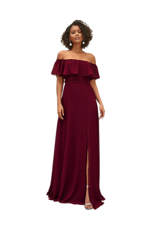 Beautiful gown style EP00968 off shoulder ruffle maxi dress with front slit suitable for bridesmaids in Burgundy