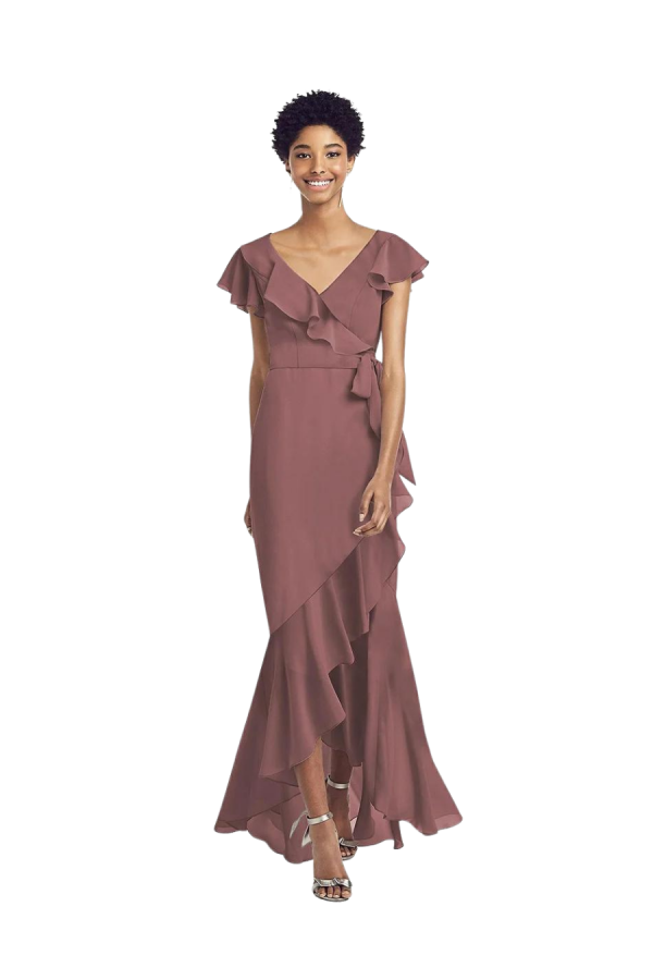 Beautiful chiffon high-low wrap gown with ruffle details around the neck and hem and short ruffle sleeve. Style SB8199 suitable for mothers of the bride/groom or other special occasion.