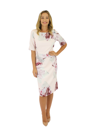 Beautiful dress style J159D suitable for mothers of the bride/groom - A shift dress with 3/4 sleeves in fabric with Large floral print on a light pink background