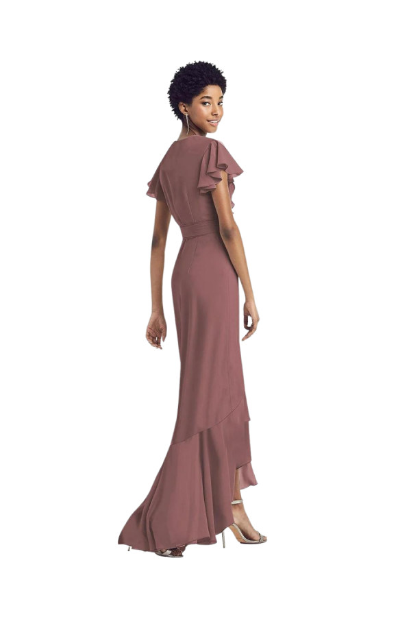 Beautiful chiffon high-low wrap gown with ruffle details around the neck and hem and short ruffle sleeve. Style SB8199 suitable for mothers of the bride/groom or other special occasion.