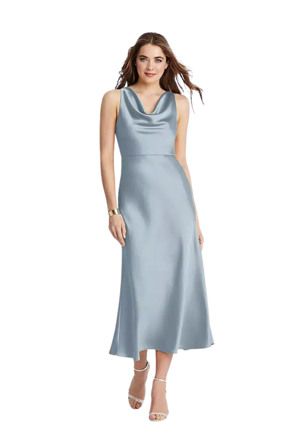 Beautiful Lux Carmeuse satin bias cut midi dress with cowl neck. Style LB003 suitable for Mothers of the Bride/Groom & other special occasions.