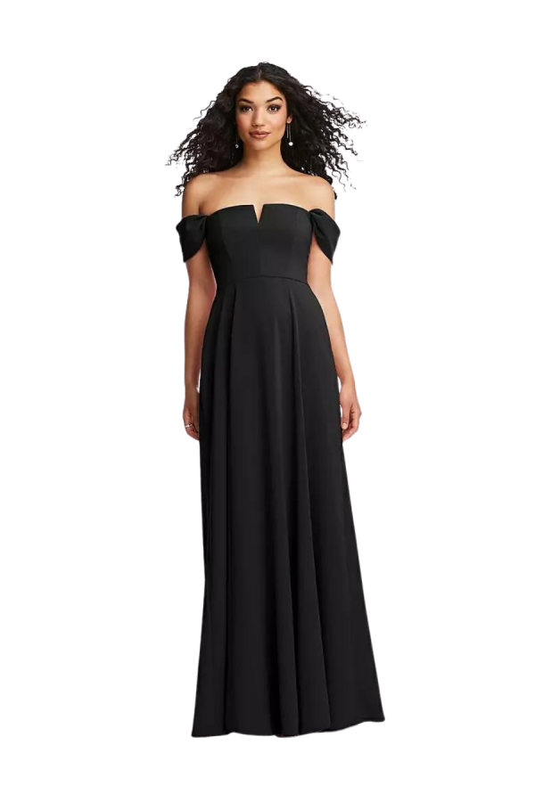 Ballgown style 3124. A-line silhouette evening gown with a straight notched neckline and an off-Shoulder pleated cap sleeve, made of crepe.