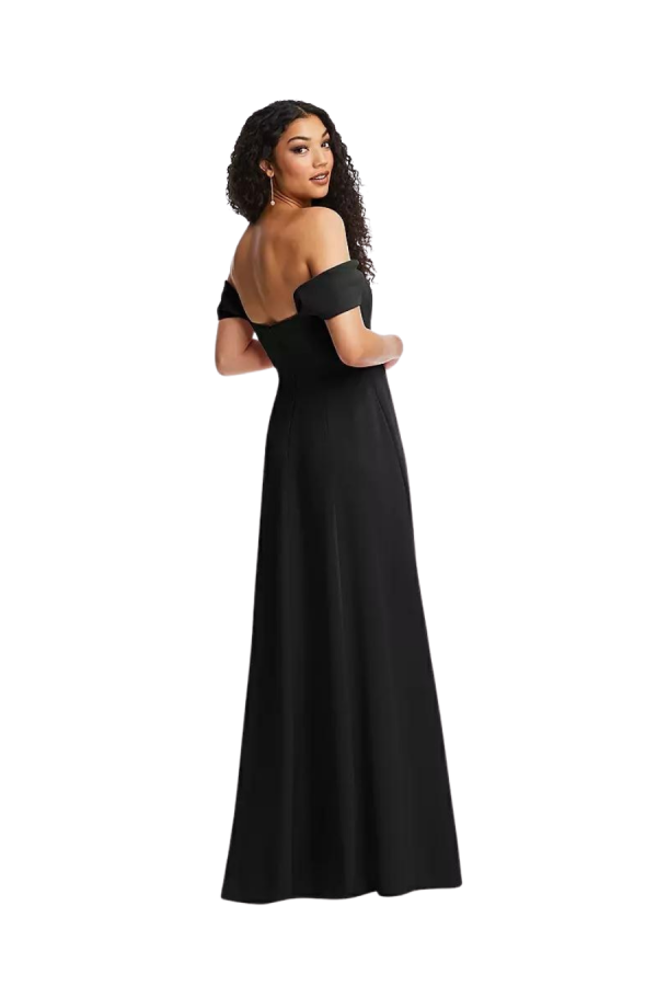 Ballgown style 3124. A-line silhouette evening gown with a straight notched neckline and an off-Shoulder pleated cap sleeve, made of crepe.