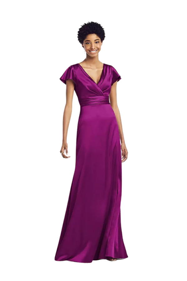 Ballgown style 8197. Flutter sleeve, draped wrapped bodice maxi dress with fit & flare skirt. Made from Stretch Charmeuse.