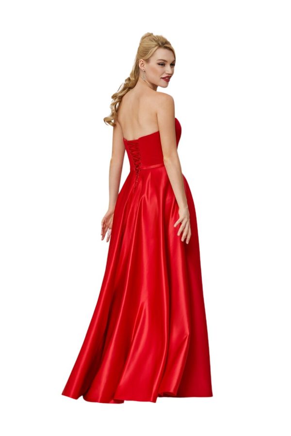 Ballgown style CP642 A-line silhouette gown, Strapless, sweetheart neckline With lace up back. Made in satin.