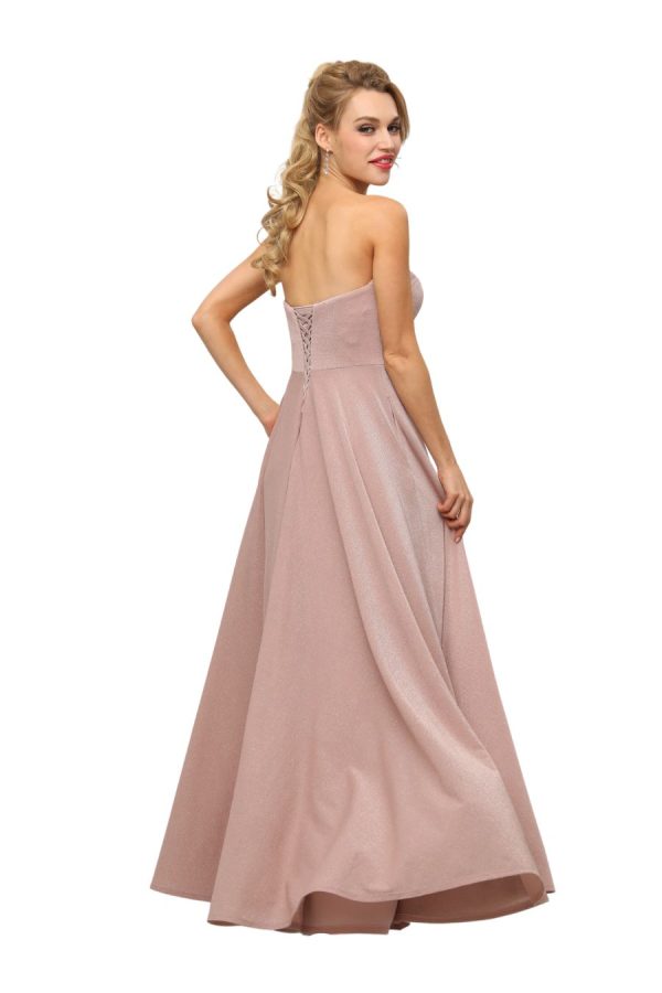 Ballgown style CP672 A-line silhouette gown, Strapless, sweetheart neckline, with corset type bodice and lace up back. Made in a sparkle Jersey Knit.