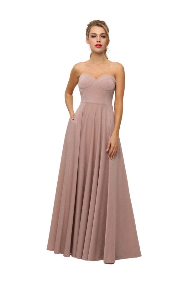 Ballgown style CP672 A-line silhouette gown, Strapless, sweetheart neckline, with corset type bodice and lace up back. Made in a sparkle Jersey Knit.