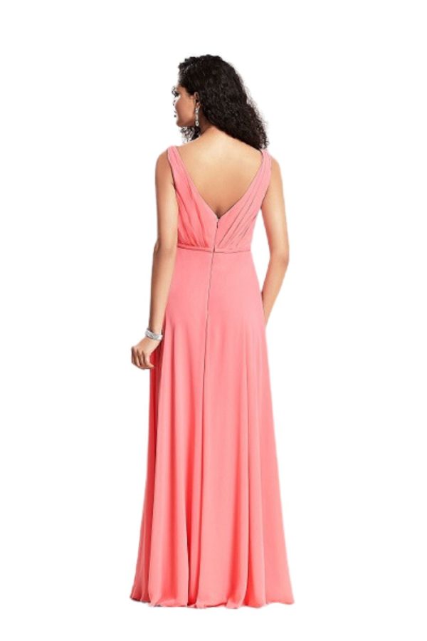 Bridesmaids gown style MB1419. An soft A-line silhouette gown, with faux wrap v-neckline, center back zip and matching fabric belt. Made in chiffon.