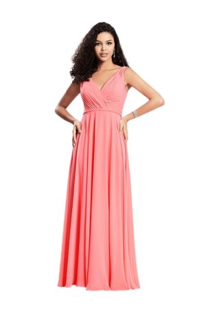 Bridesmaids gown style MB1419. An soft A-line silhouette gown, with faux wrap v-neckline, center back zip and matching fabric belt. Made in chiffon.