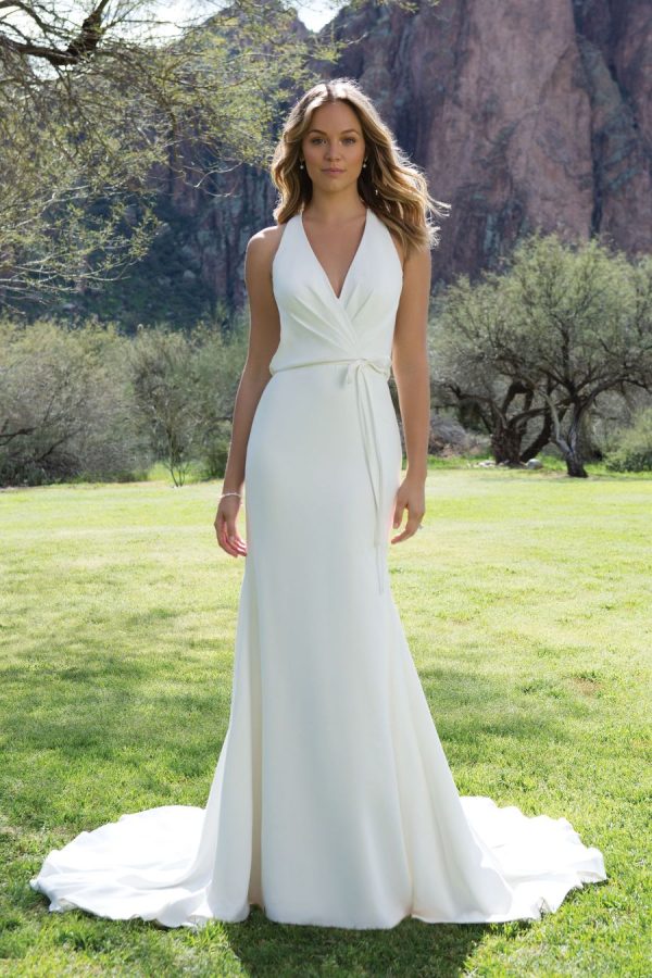 Wedding gown SH1133 - Trumpet silhouette gown with v-neck, and open cowl back made of crepe fabric - Front view