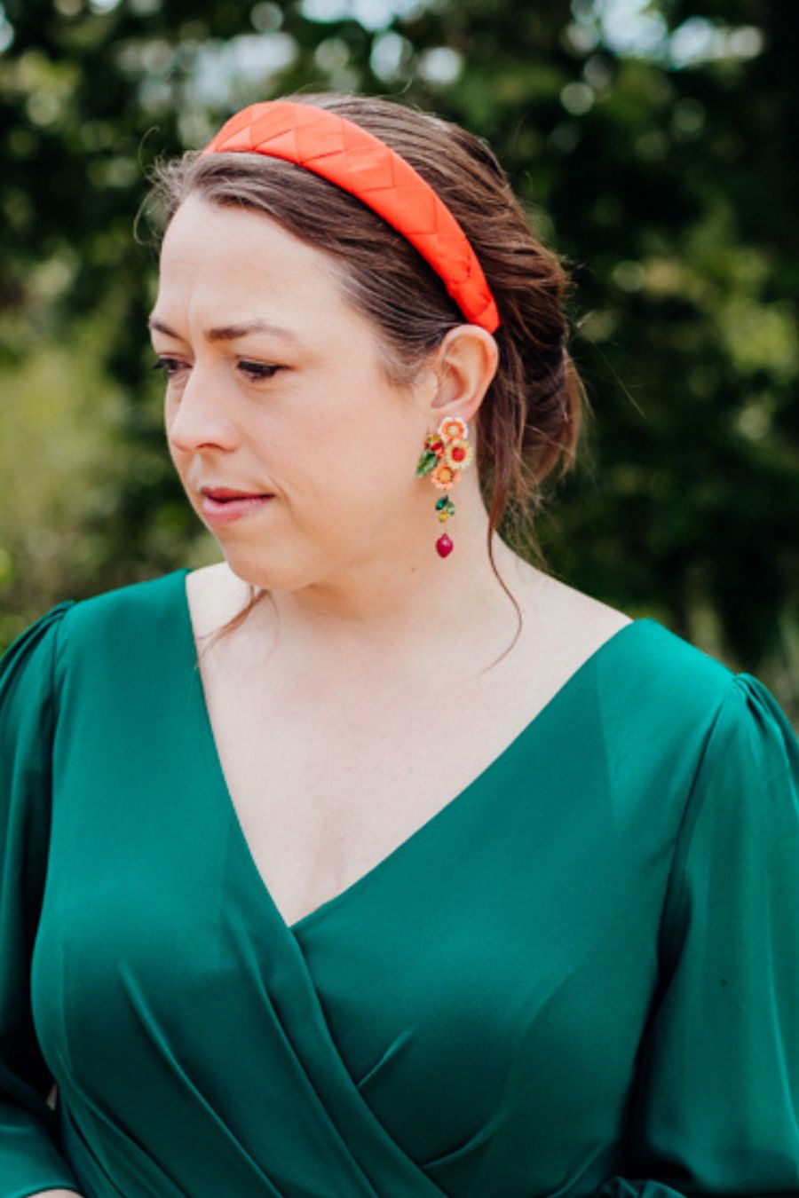 Green Dress with Orange accessories - close up