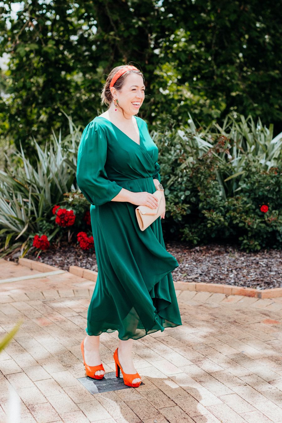 Green Dress with Orange Accessories