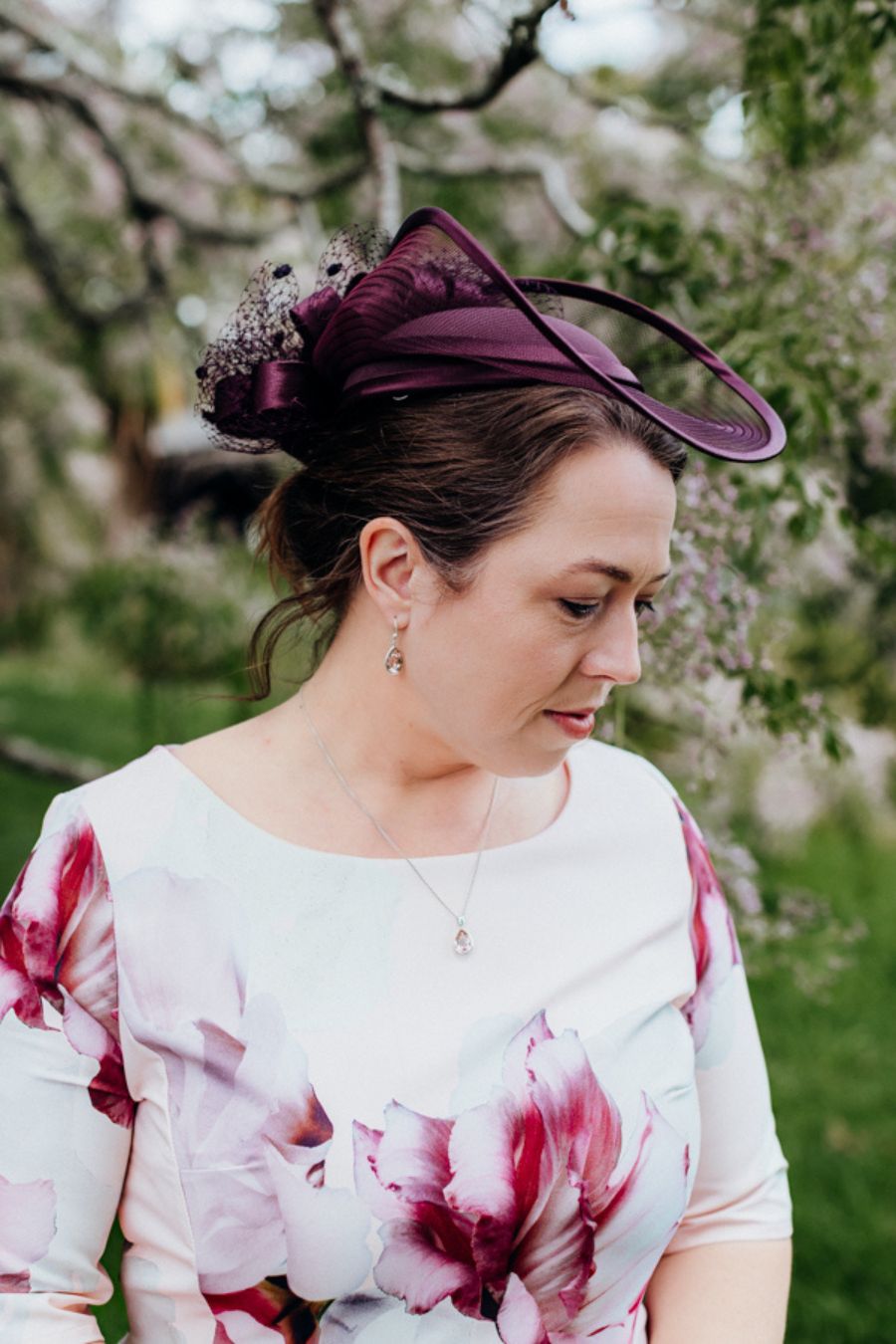 Pink Floral Dress with aubergine Hat -close up