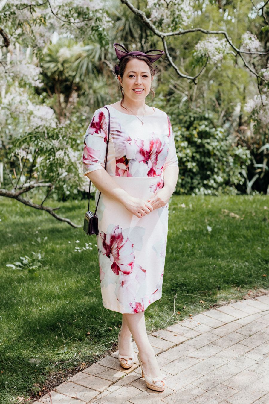 Pink Floral Dress with aubergine Hat & Clutch Bag